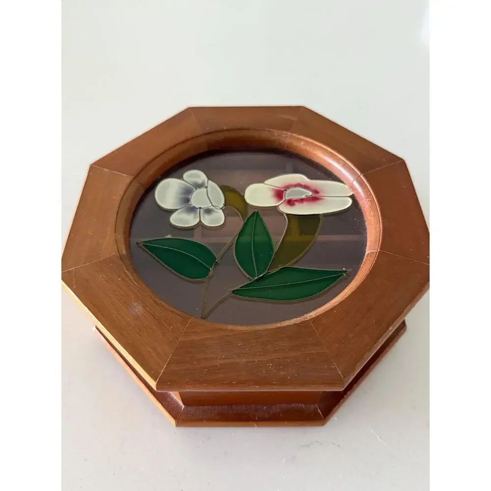 Vintage Octagonal Wood Jewelry Ring Box Hand Painted Floral Glass Lid Pink